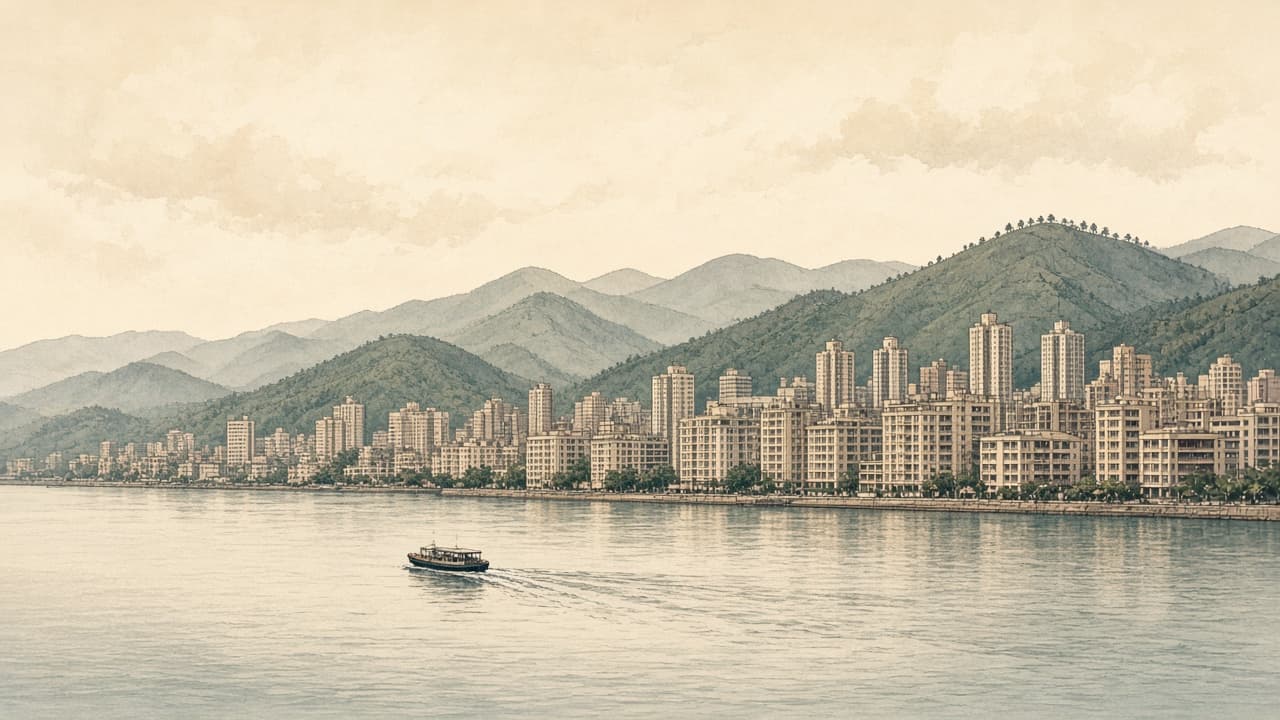 香港海港與住宅群的插畫，紙本暖色，不是相片。